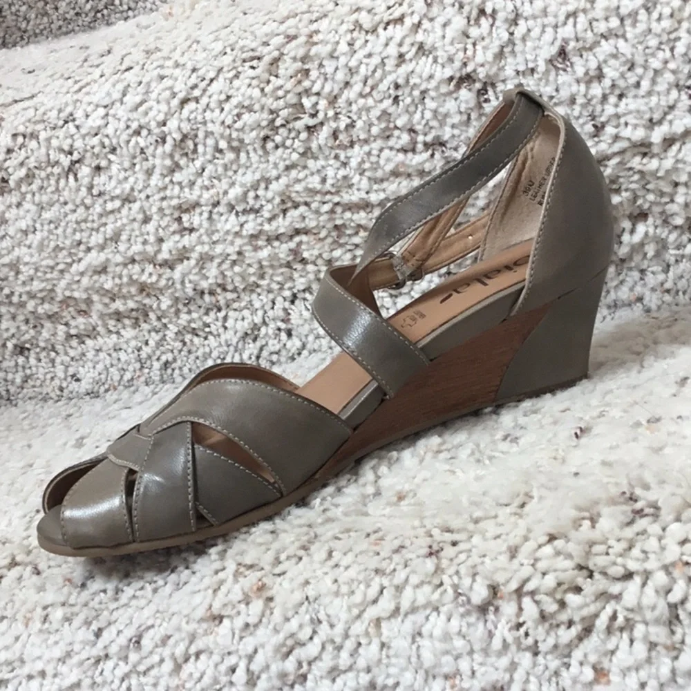 BIALA Peep Toe Wedge Leather Tan Gray Ankle Wrap Strap Shoes Size 39